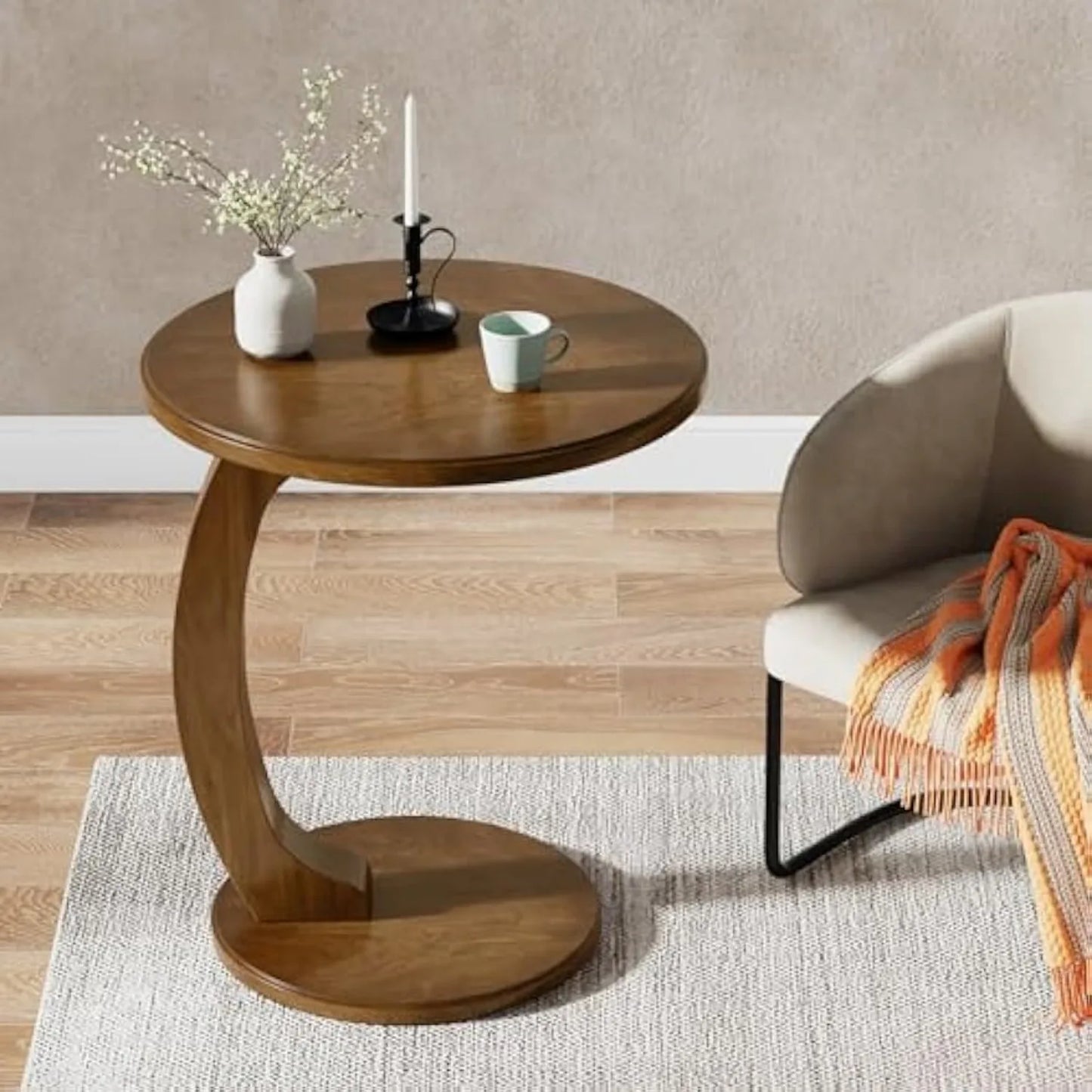 LITTLE TREE Round Wood C Shaped End Table Living Room