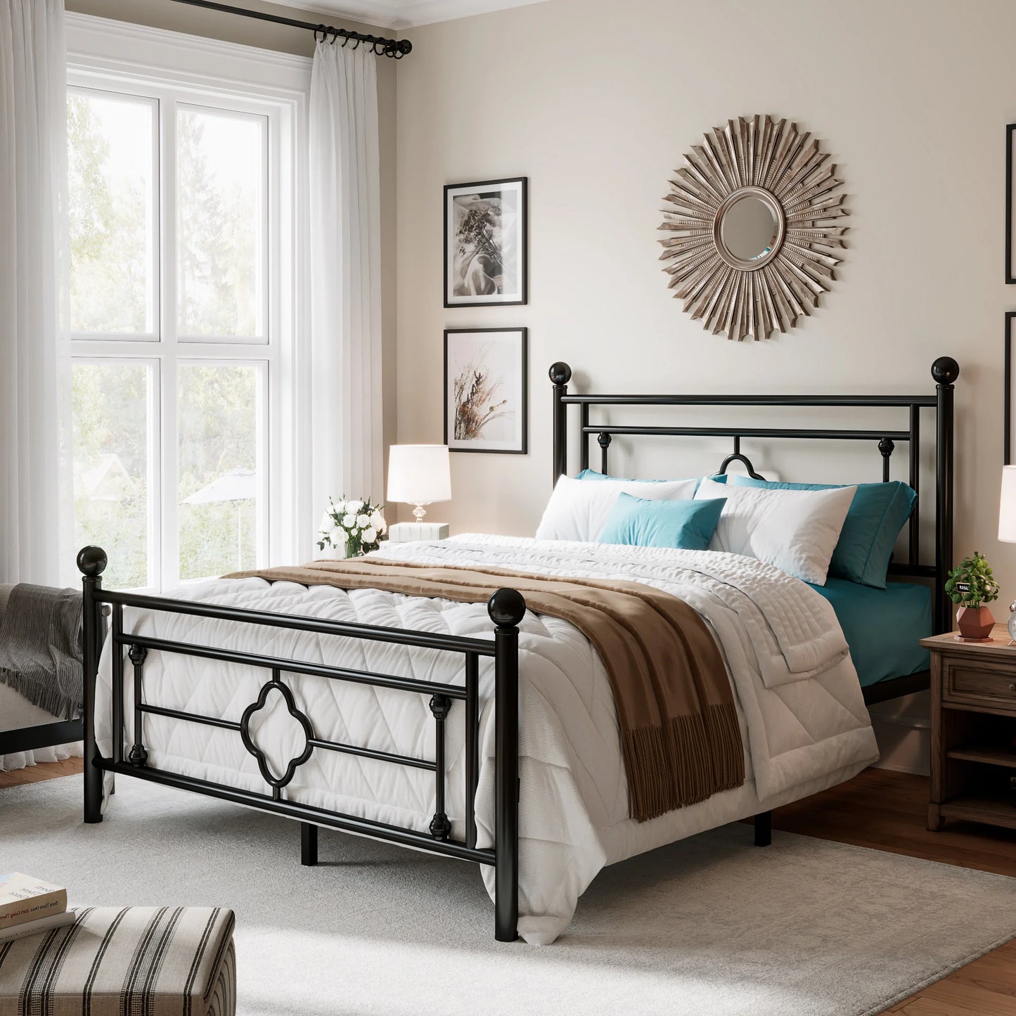 HOOMICH Victorian Style Wrought Iron Platform Bed Frame With Headboard