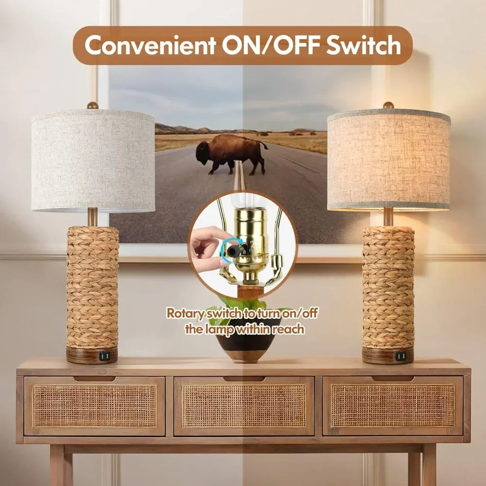 Customizable Two Pack Rattan Table Lamps With USB Ports