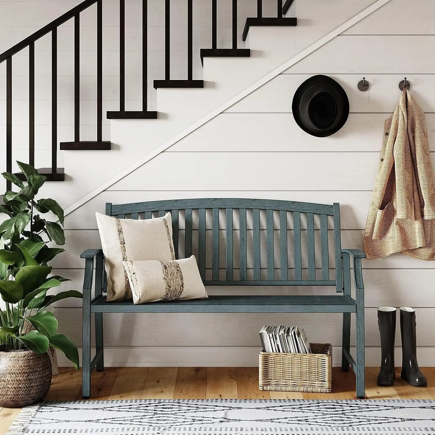 52" Outdoor Bench Rust-Free Metal Frame Aluminum Backrest Faux Wood Finish Patio Garden Porch, Customized