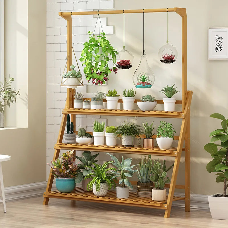 3 Tier Folding Bamboo Plant Stand For Indoor Outdoor Use