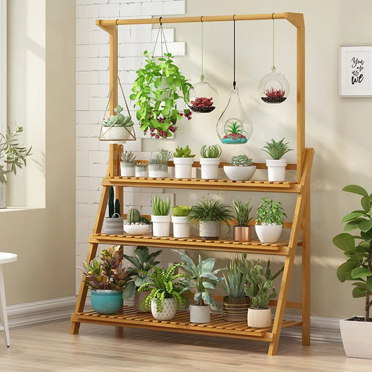3 Tier Folding Bamboo Plant Stand For Indoor Outdoor Use