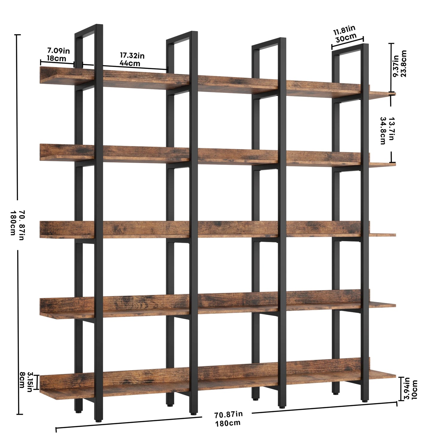 IRONCK Triple Wide Etagere Bookcase with Back Fence